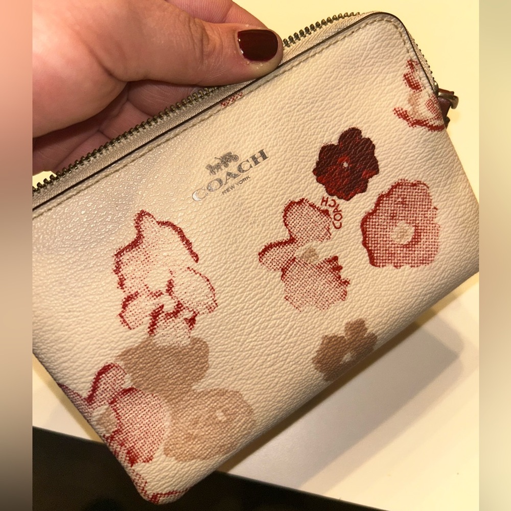 Coach Floral Wristlet - Cream and Burgundy
